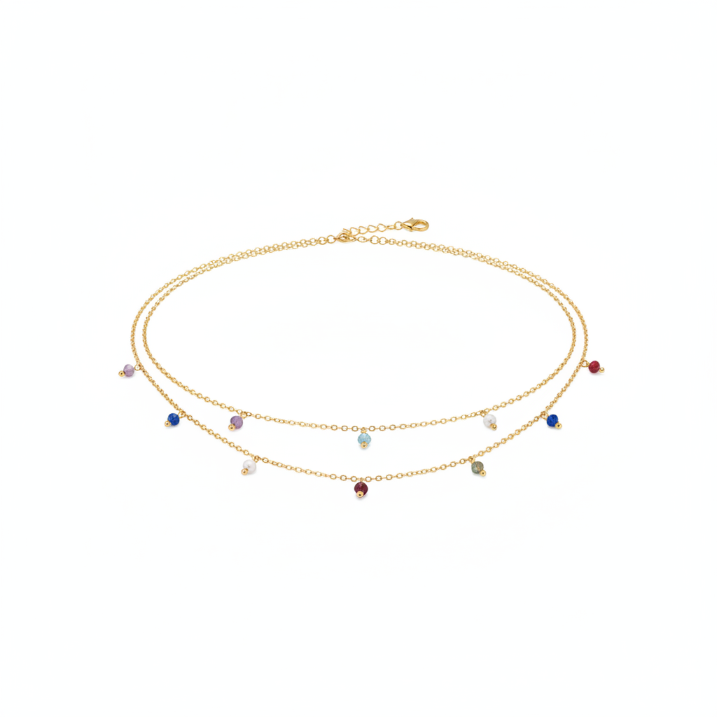 Dainty Colorful Bead Charm Station Layered Waist Chain in 14K Gold Dipped Stainless Steel — wholesale Keychains & Charms by the case
