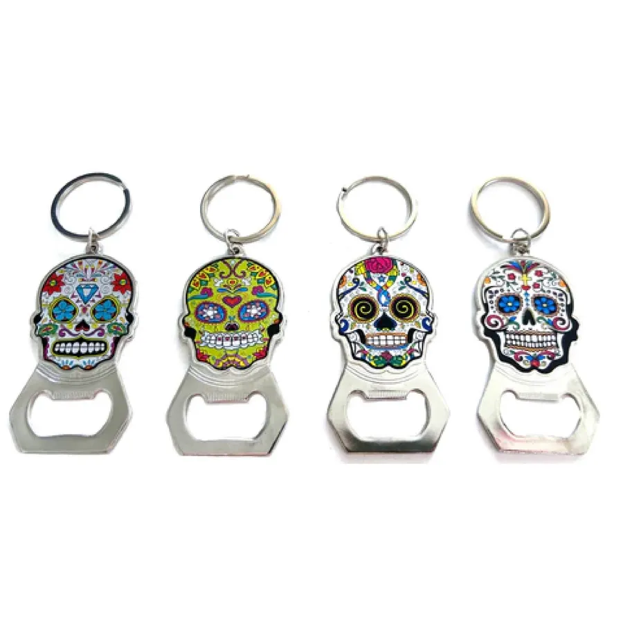 Sugar Skull Bottle Opener Keychain - Assorted Colors, Pack of 12 — wholesale Keychains & Charms by the case