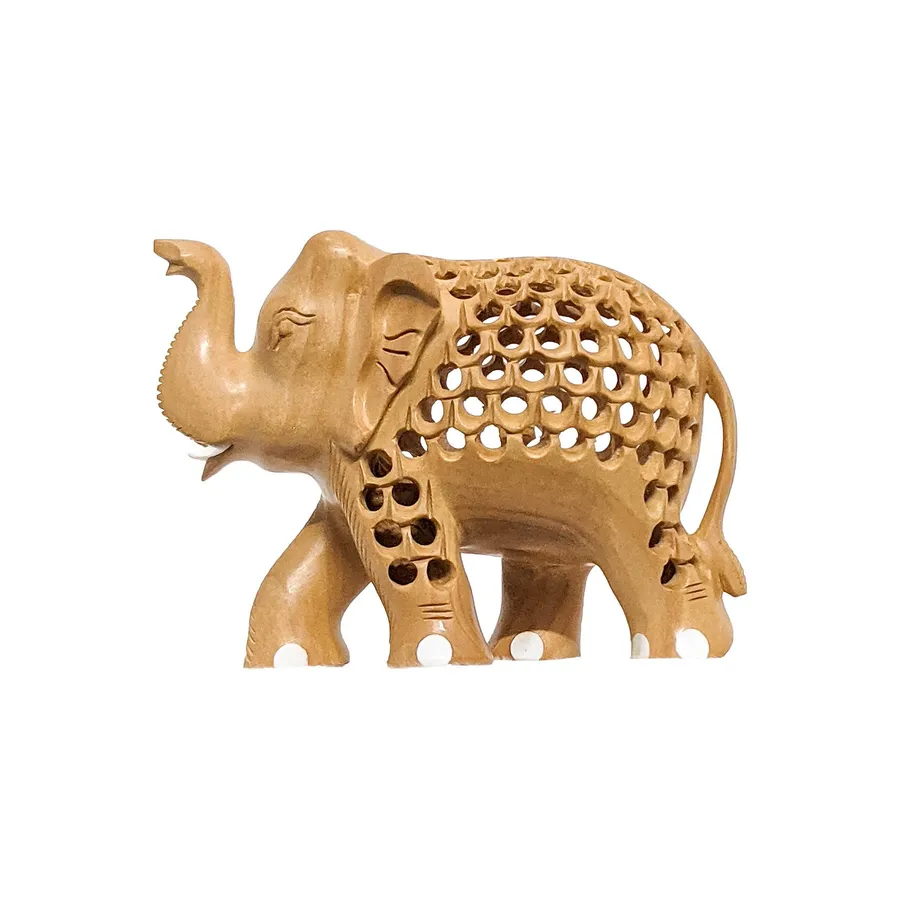 Wooden Elephant Sculpture Set - Hand-Carved Jali Detail, 5-Piece — wholesale Home & Décor by the case