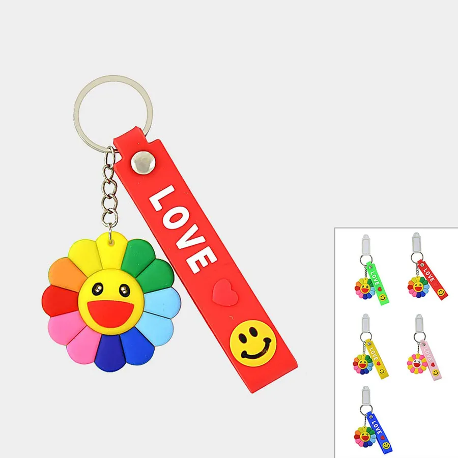 Smiley Face Flower Keychain - Assorted Colorful Bulk Pack, 12-Piece Set — wholesale Keychains & Charms by the case