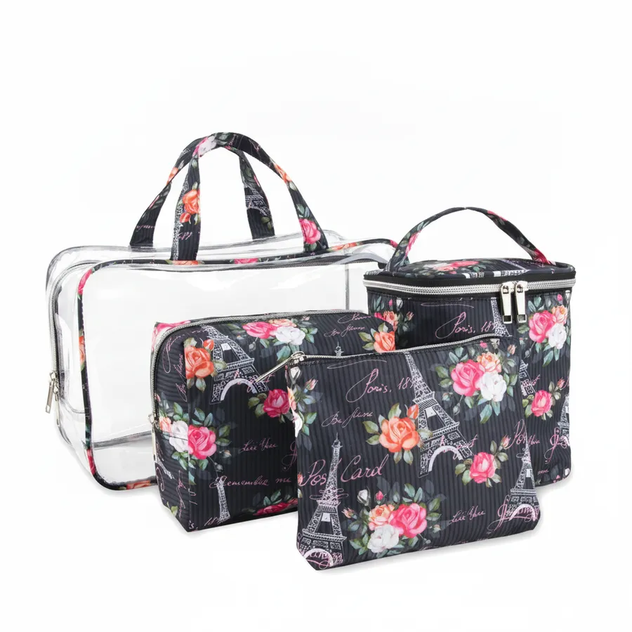 Clear Cosmetic Bag Set - Paris Print Travel Makeup Pouch, 3-Piece — wholesale Bags & Backpacks by the case