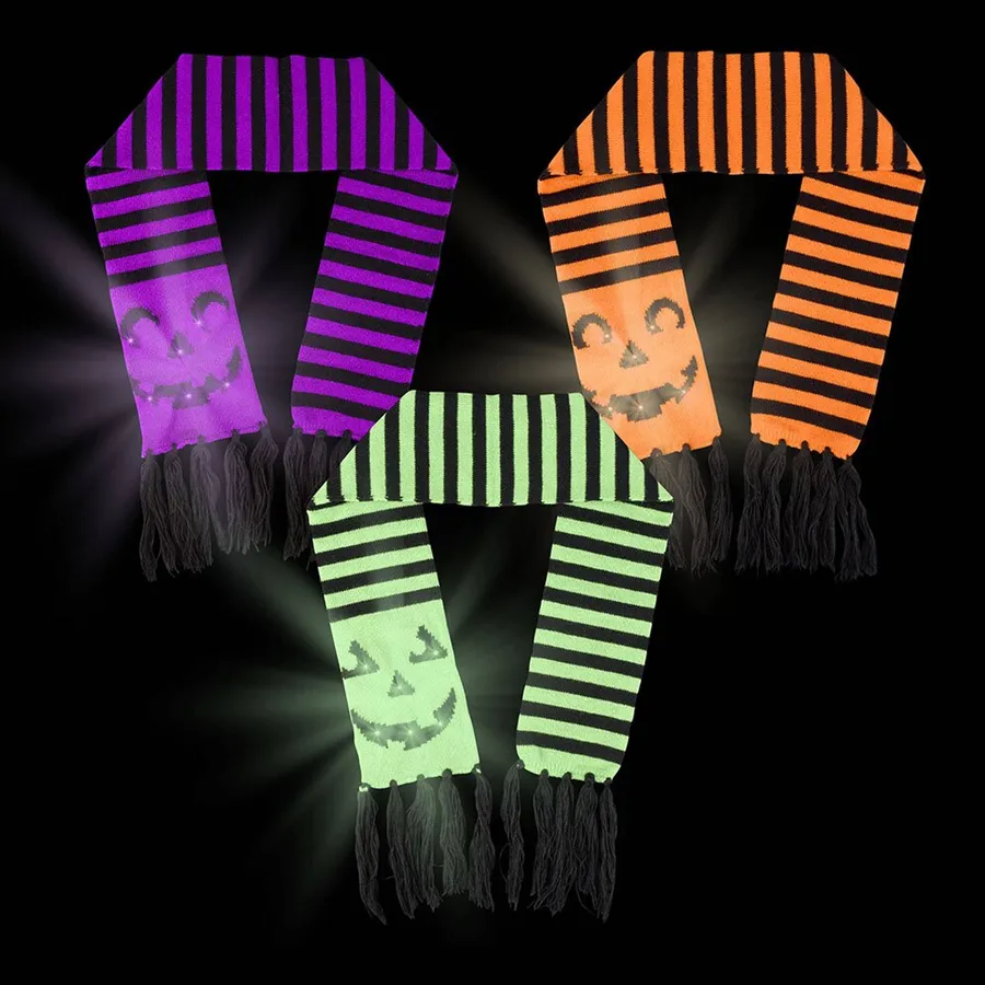 Halloween Light-Up Scarf - Jack O' Lantern LED Unisex Neckwear, Set of 3 — wholesale Seasonal & Holiday by the case