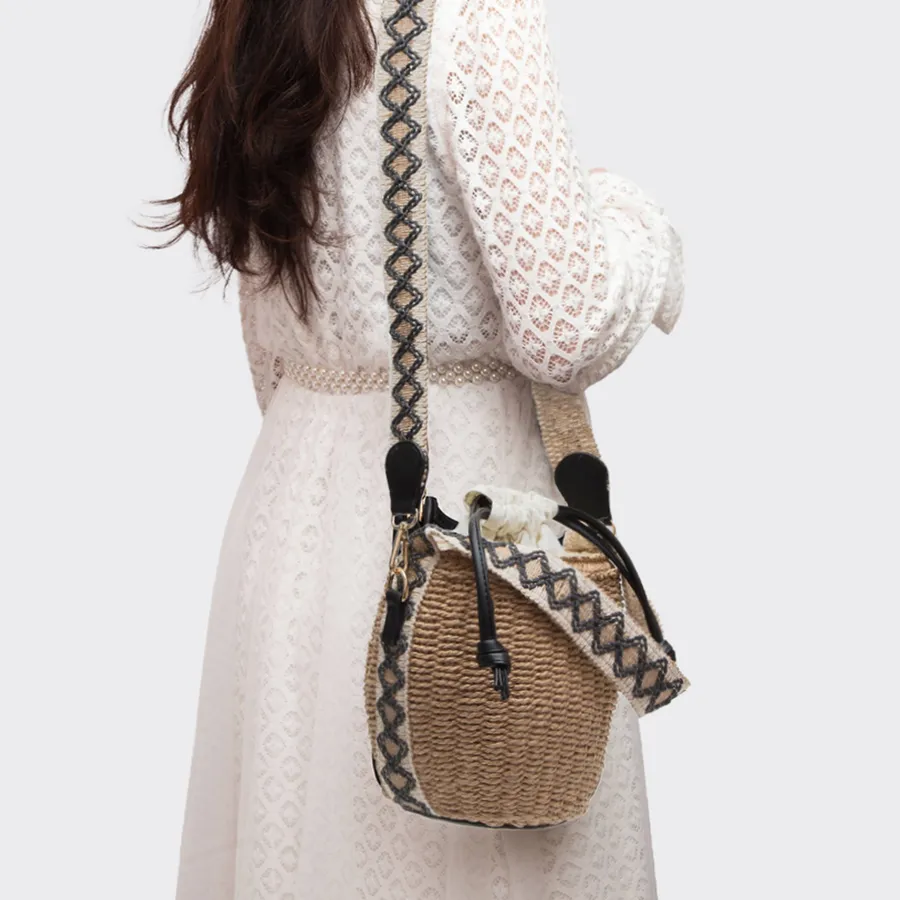 Straw Crossbody Bucket Bag - Adjustable Strap, 8x7x4.25in — wholesale Bags & Backpacks by the case