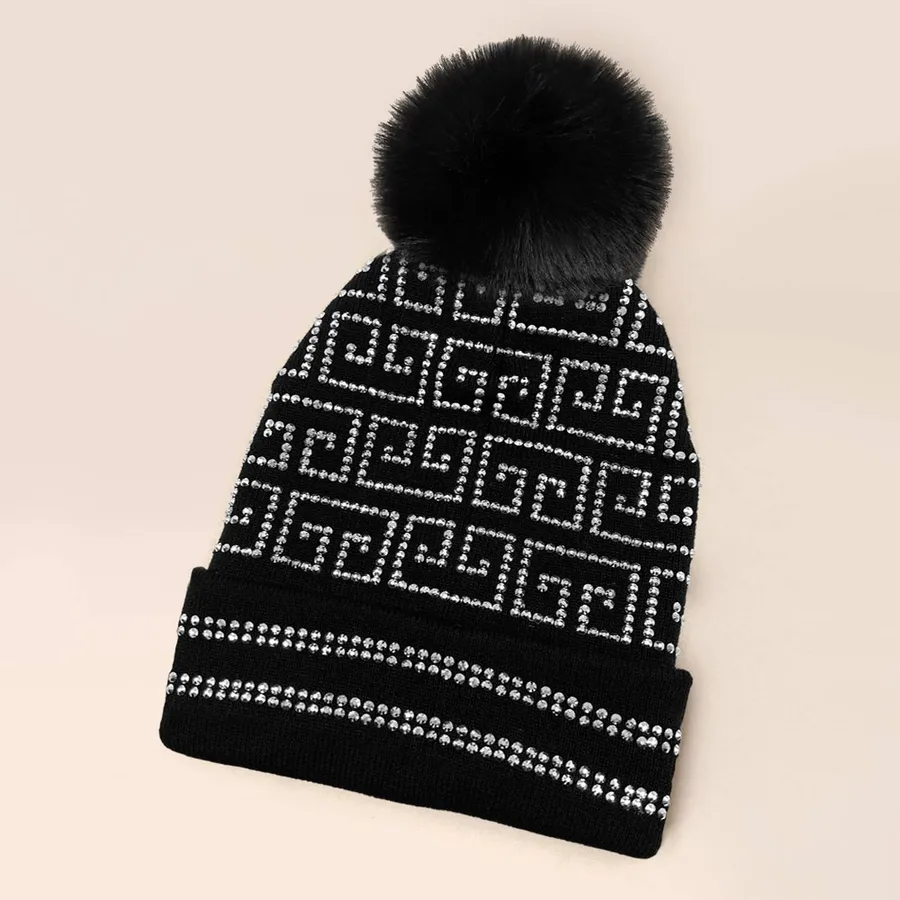 Bling Greek Pattern Pom Pom Beanie Hat — wholesale Apparel & Accessories by the case