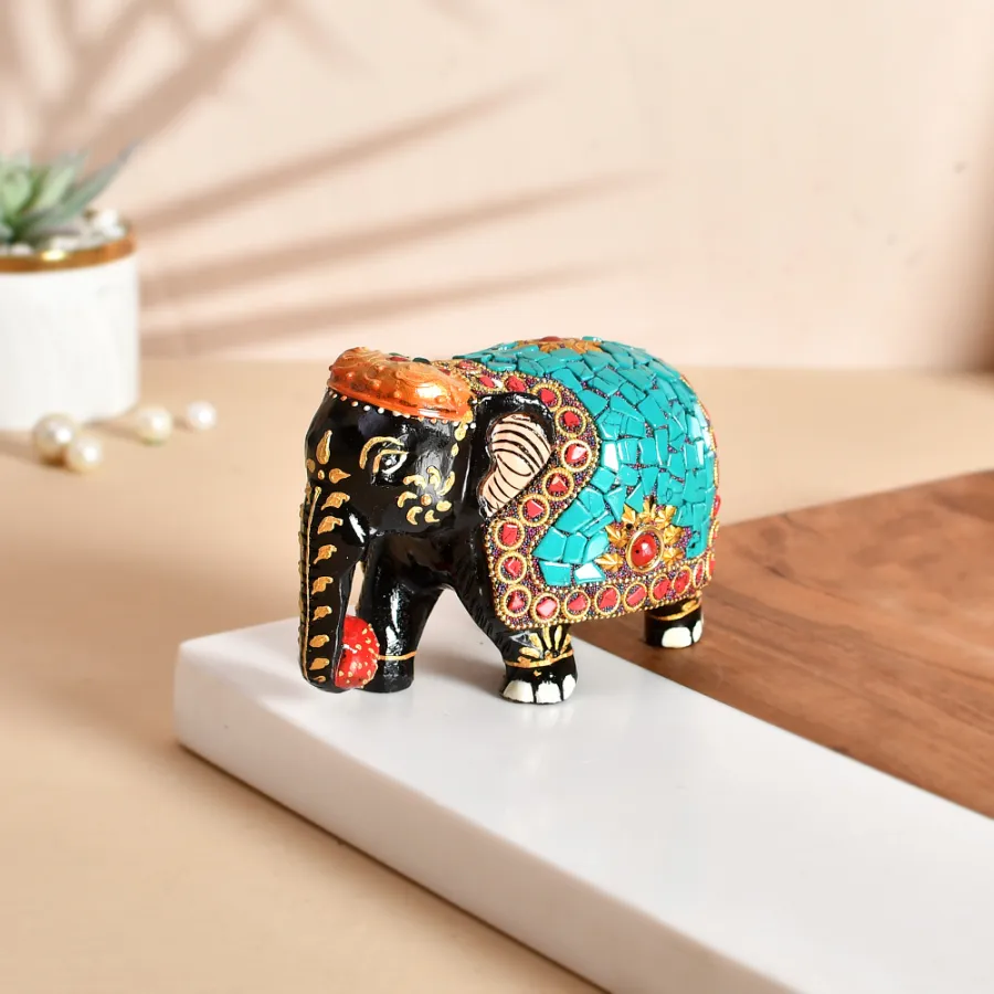 Wooden Elephant Figurine - Handcarved Stone & Meenakari Wood Accent, 6-inch — wholesale Home & Décor by the case