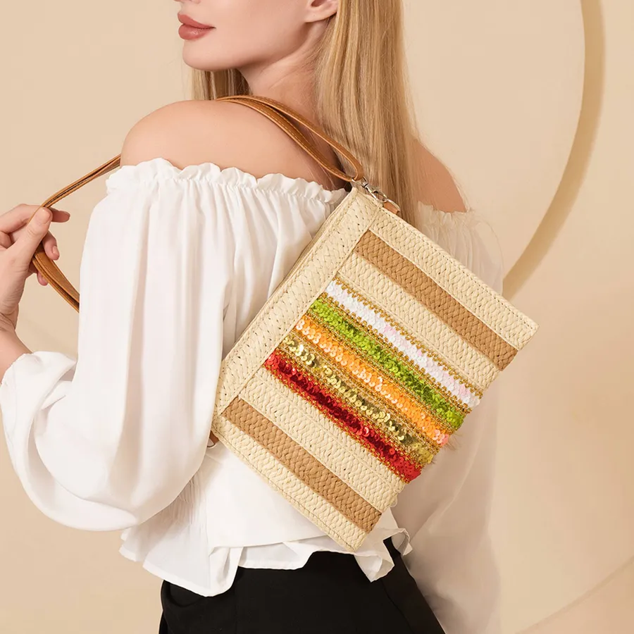 Raffia Crossbody Bag - Sequin Striped Summer Purse, 10.4-Inch — wholesale Bags & Backpacks by the case