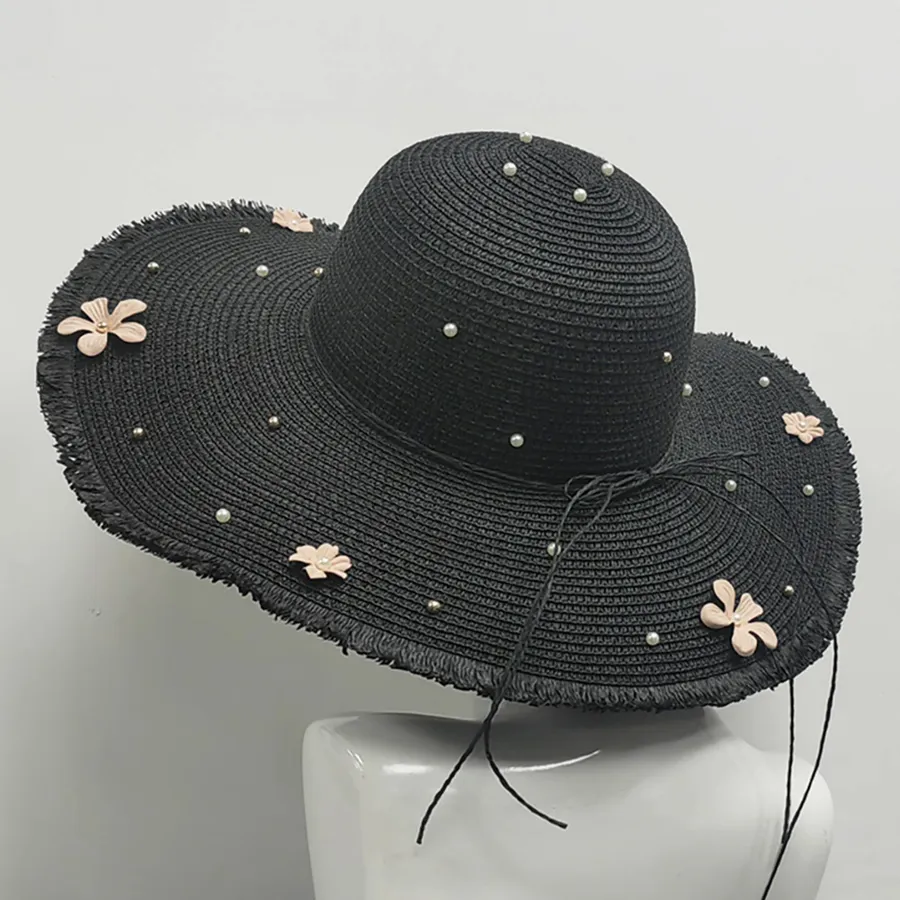 Flower Pearl Embellished Wide Brim Straw Sun Hat — wholesale Apparel & Accessories by the case