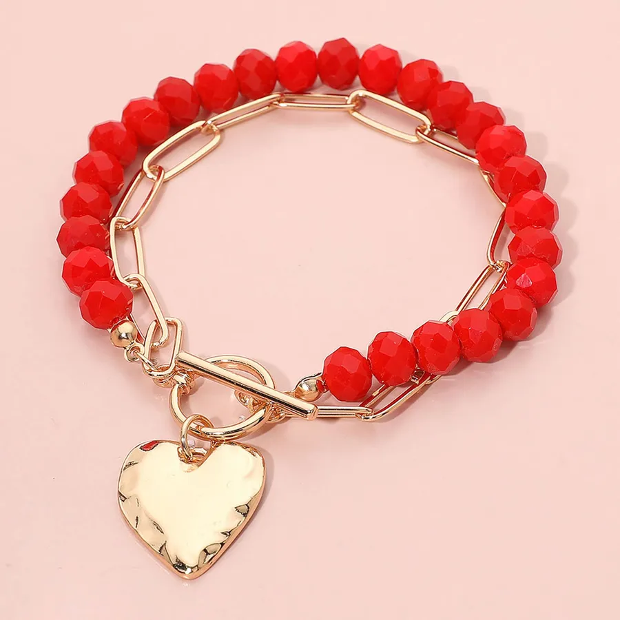 Heart Charm Beaded Chain Layered Bracelet - Assorted — wholesale Keychains & Charms by the case