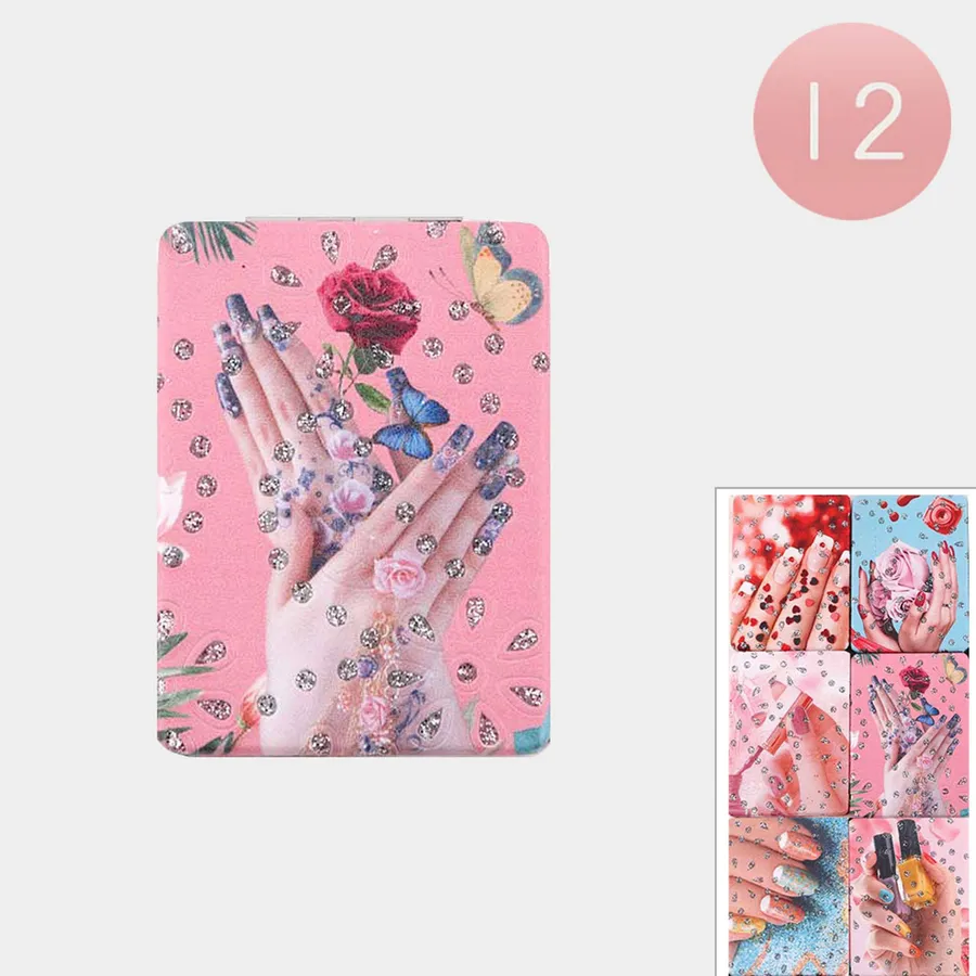 Compact Mirror - Glitter Nail Art Printed Dual Magnifying, Assorted Pack — wholesale Home & Décor by the case
