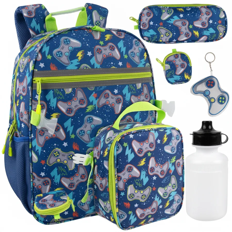 6-in-1 Gamer Print Kids Backpack Set with Lunch Bag, Pencil Case, Water Bottle & Accessory Pouches — wholesale Bags & Backpacks by the case