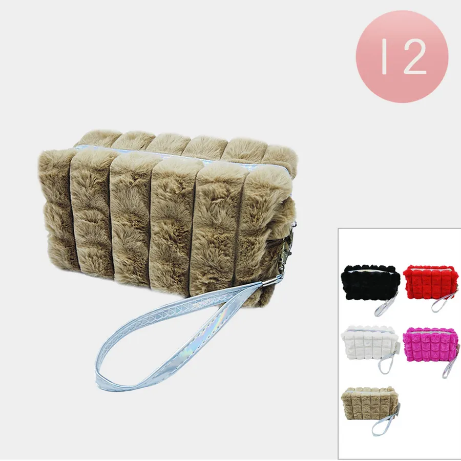 Faux Fur Wristlet Pouch - Plush Cosmetic Bag, Assorted — wholesale Plush & Squishies by the case