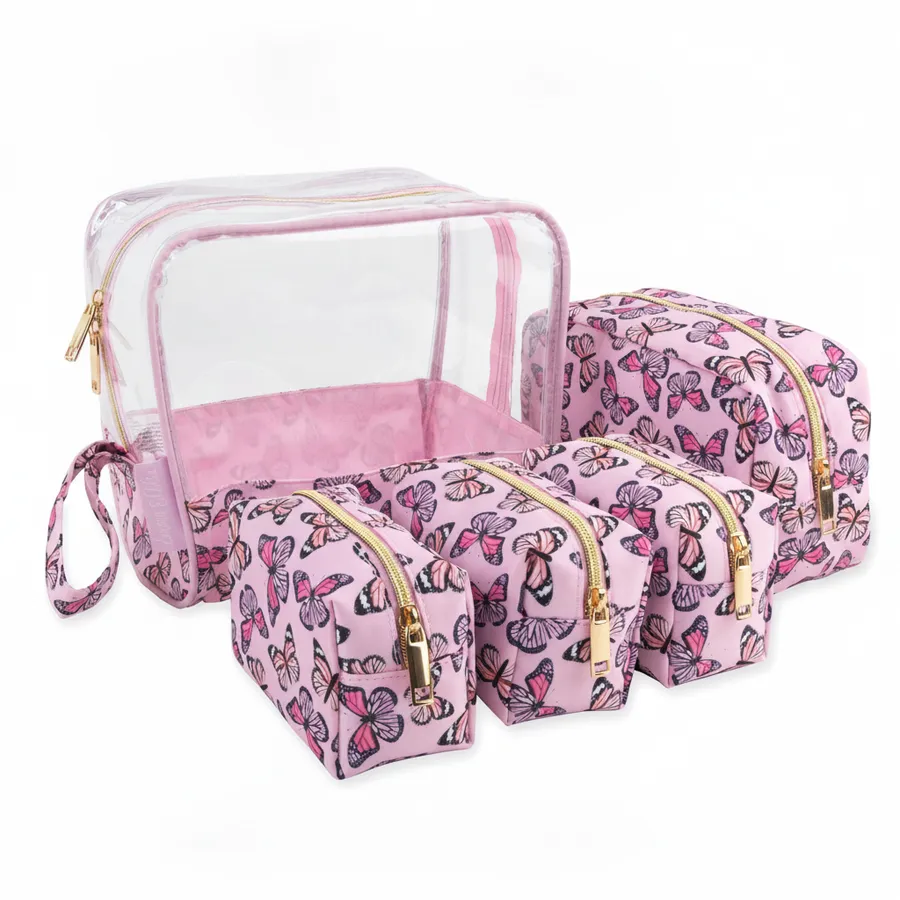Clear Cosmetic Bag Set - Butterfly Print Travel Makeup Case, 3-Piece — wholesale Bags & Backpacks by the case
