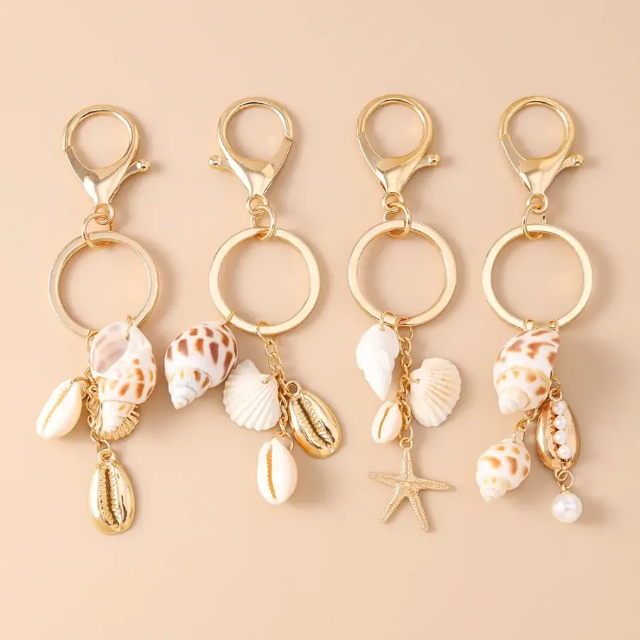 Seashell Keychain - Summer Beach Bag Charm, Gold Finish — wholesale Keychains & Charms by the case