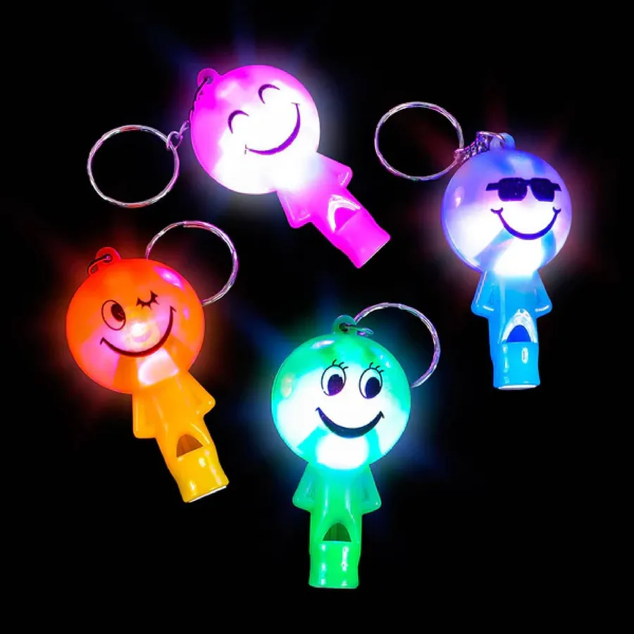 Smiley Face Light Up Whistle Keychain - Bulk Assorted Colors — wholesale Keychains & Charms by the case