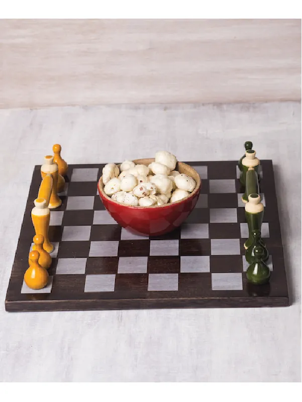 Wooden Handcrafted Square Chess Inspired Tray - Yellow & Green — wholesale Toys & Games by the case