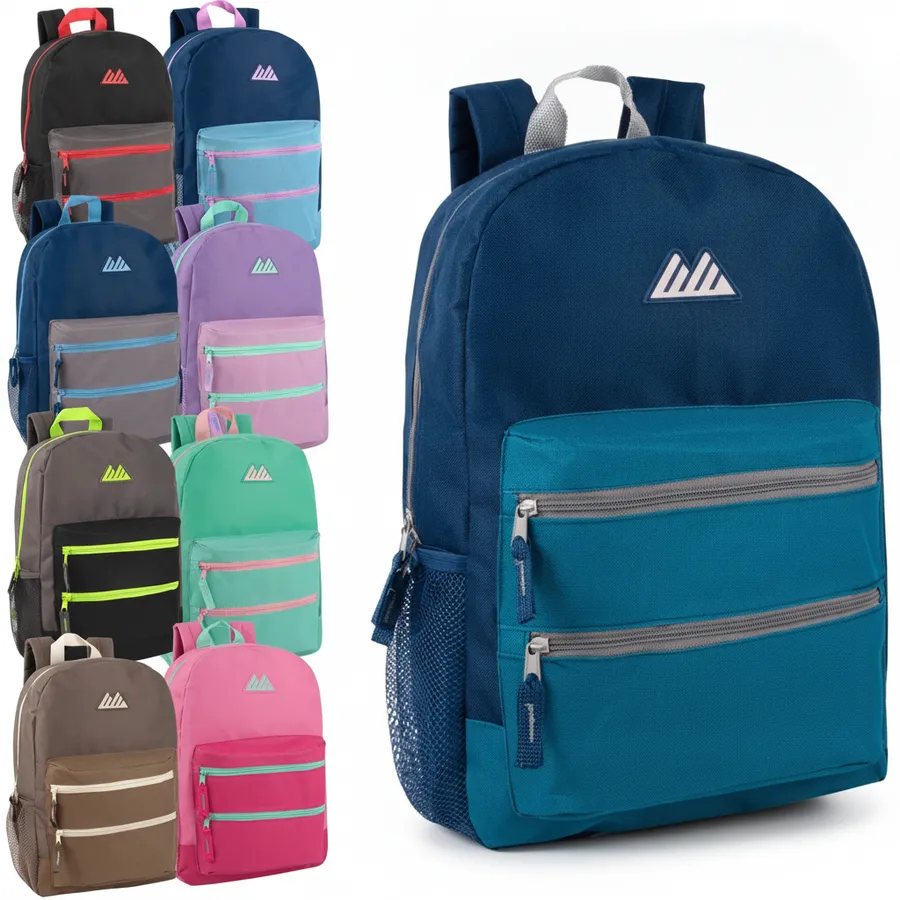 17-Inch Classic Backpack with Double Front Zipper Pockets - Durable Travel & School Bookbag — wholesale Bags & Backpacks by the case