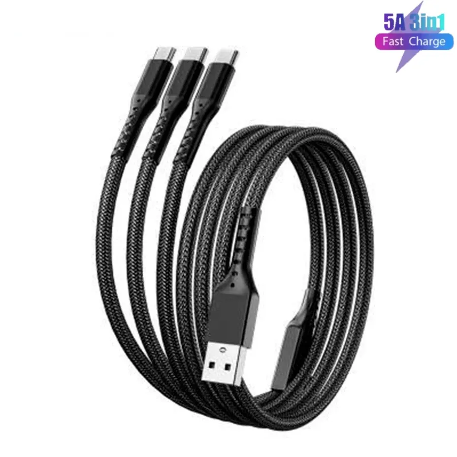 0907GG 5A Fast Charging 3 in 1 USB Cable for iphone 14 Huawei xiaomi 1.2m 3 in 1 USB C Cable Mobile Phone Data Transfer — wholesale Tech & Gadgets by the case