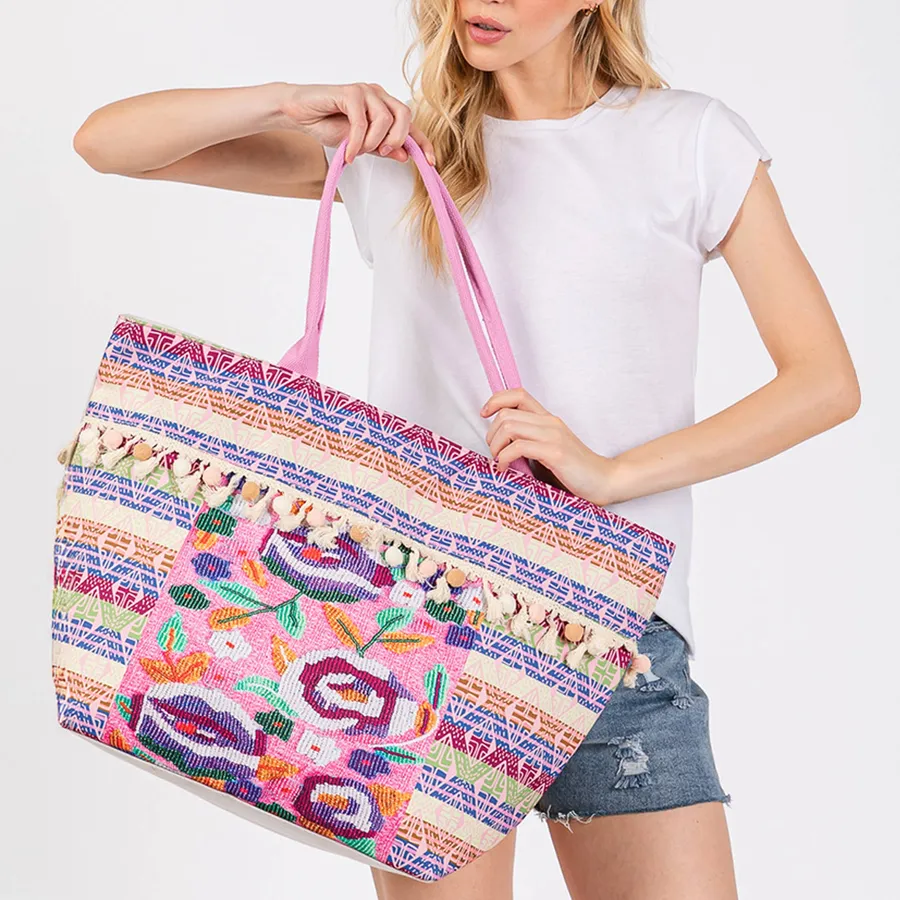Flower Printed Pom Pom Fringe Tote Bag For Women's — wholesale Bags & Backpacks by the case