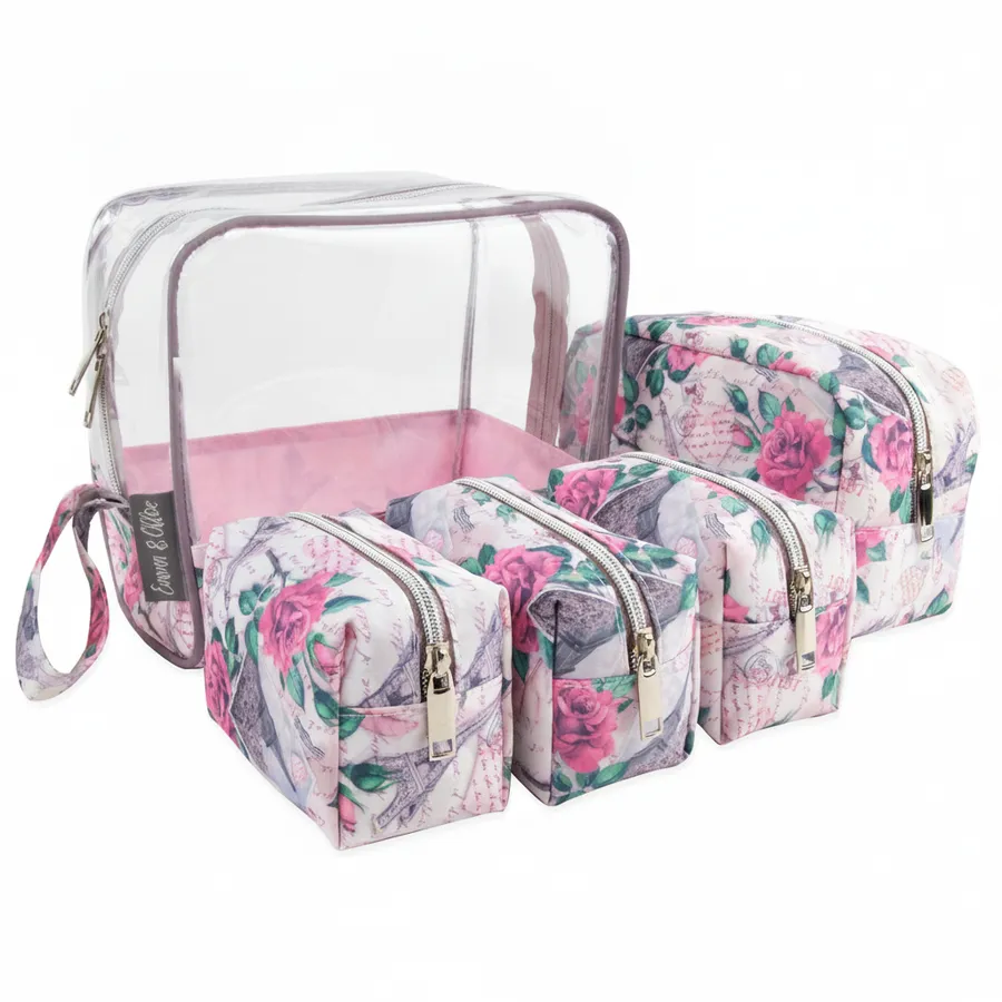 Clear Floral Cosmetic Travel Bag Set - Everyday Makeup Carryall Bags — wholesale Bags & Backpacks by the case