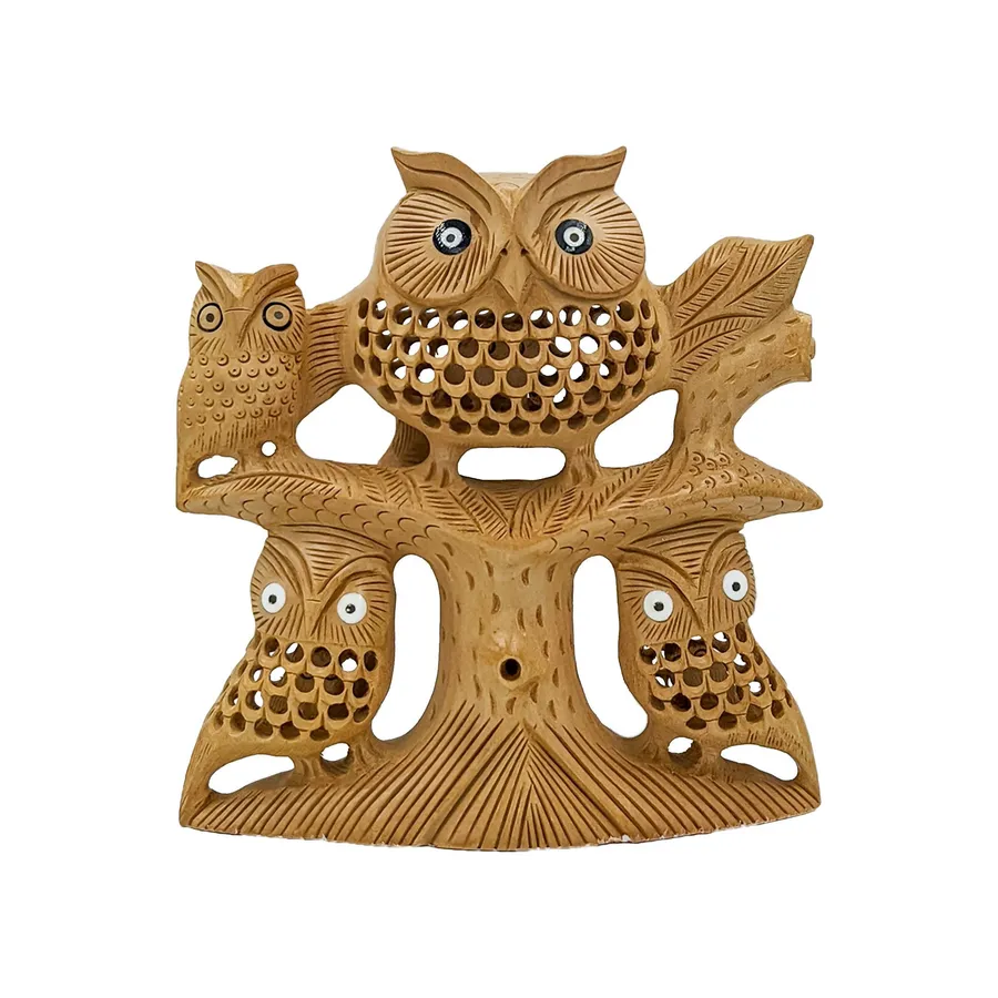 Wooden Owl Figurine - Handcarved Family Statue on Branch, 8-inch — wholesale Home & Décor by the case