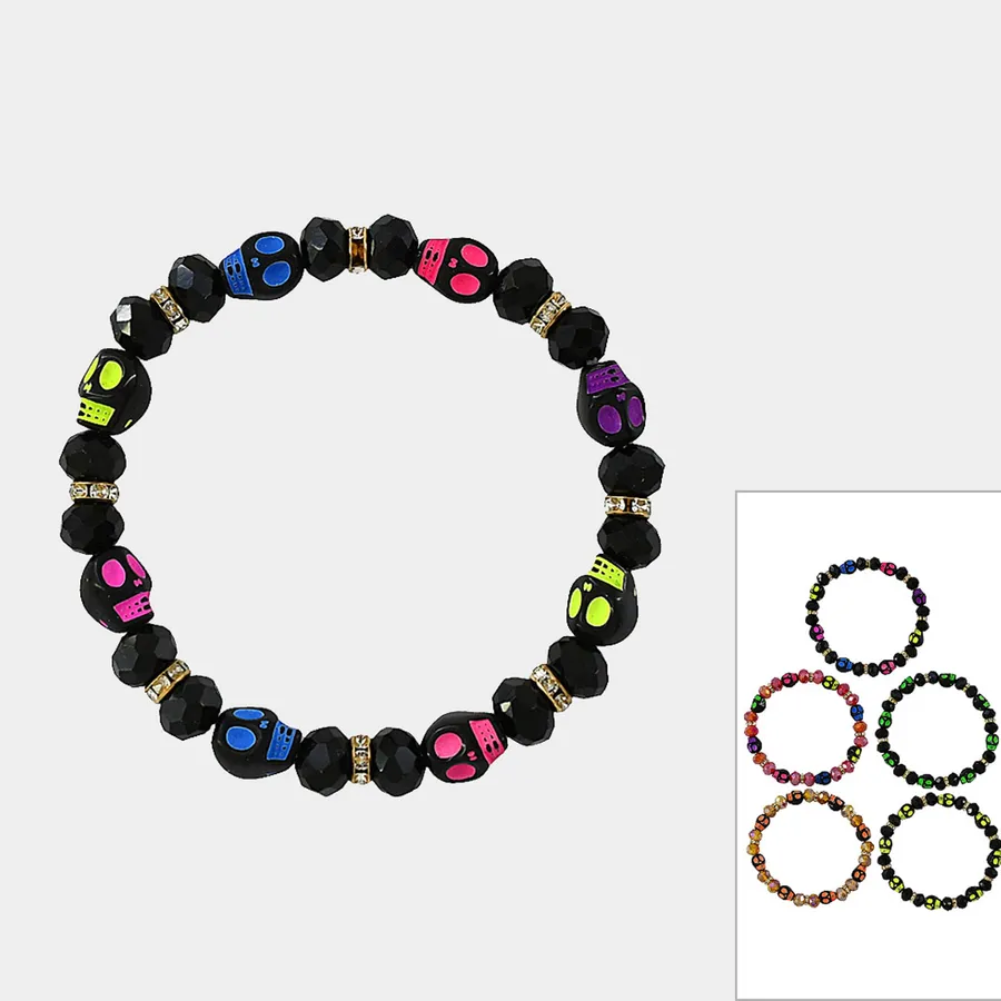 Halloween Skull Beaded Stretch Bracelet - Assorted — wholesale Seasonal & Holiday by the case