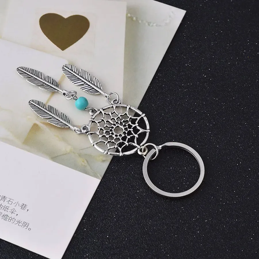 Silver Metal Feather Dream Catcher Keychain — wholesale Keychains & Charms by the case