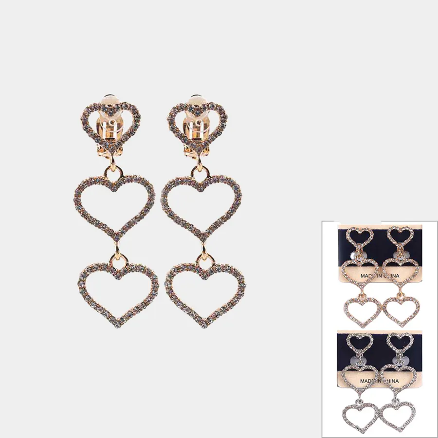 Stone Paved Triple Heart Clip On Earrings - Assorted — wholesale Apparel & Accessories by the case