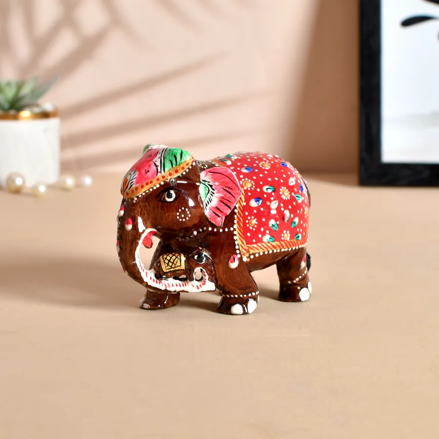 Wooden Elephant Figurine - Hand-Painted Meenakari Art Accent, 6" — wholesale Home & Décor by the case