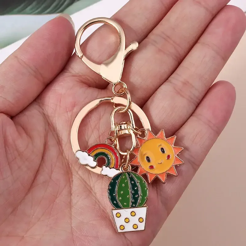 Cute Rainbow Enamel Keychain – Cactus & Sun Charm — wholesale Keychains & Charms by the case