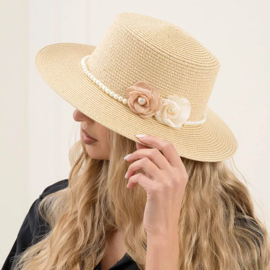 Double Flower Accent Straw Sun Hat - Assorted — wholesale Apparel & Accessories by the case