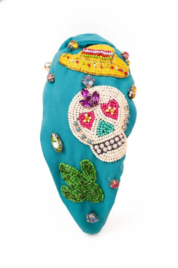 Turquoise Seed Bead Knotted Headband - Day of the Dead Beaded Hair Accessory — wholesale Apparel & Accessories by the case