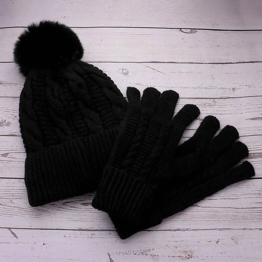 Pom-Pom Beanie Hat Gloves Set For Valentine - Assorted — wholesale Seasonal & Holiday by the case
