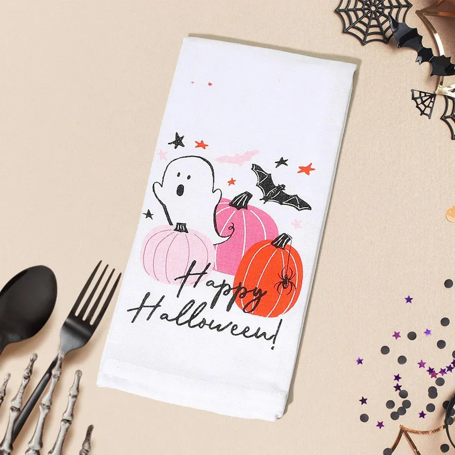 Halloween Kitchen Towel - Ghost Pumpkin Patterned Cotton, 15" x 25" — wholesale Seasonal & Holiday by the case