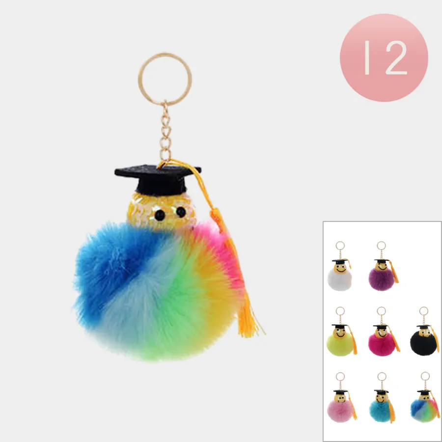 Sequin Smile Face Pom Pom Keychains — wholesale Keychains & Charms by the case