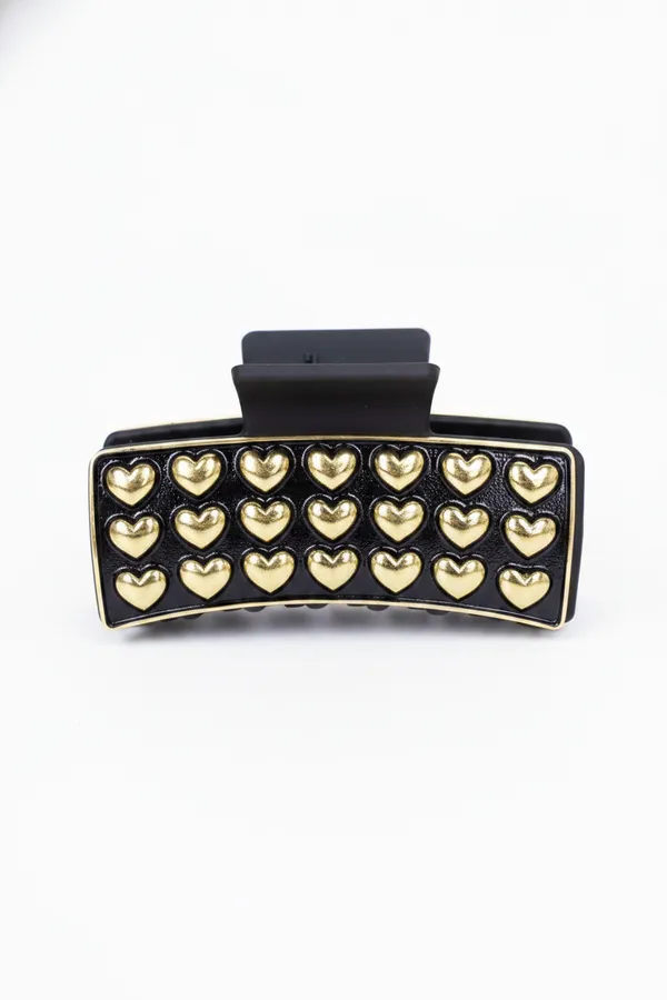 Black Hair Claw Clip with Gold-Tone Puff Heart - Elegant Strong Hold Hair Accessory — wholesale Apparel & Accessories by the case