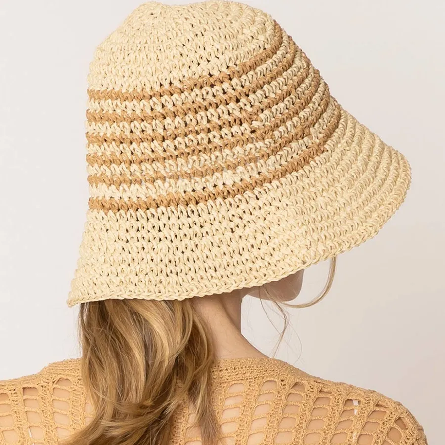 Two-Tone Stripe Straw Bucket Hat - — wholesale Apparel & Accessories by the case