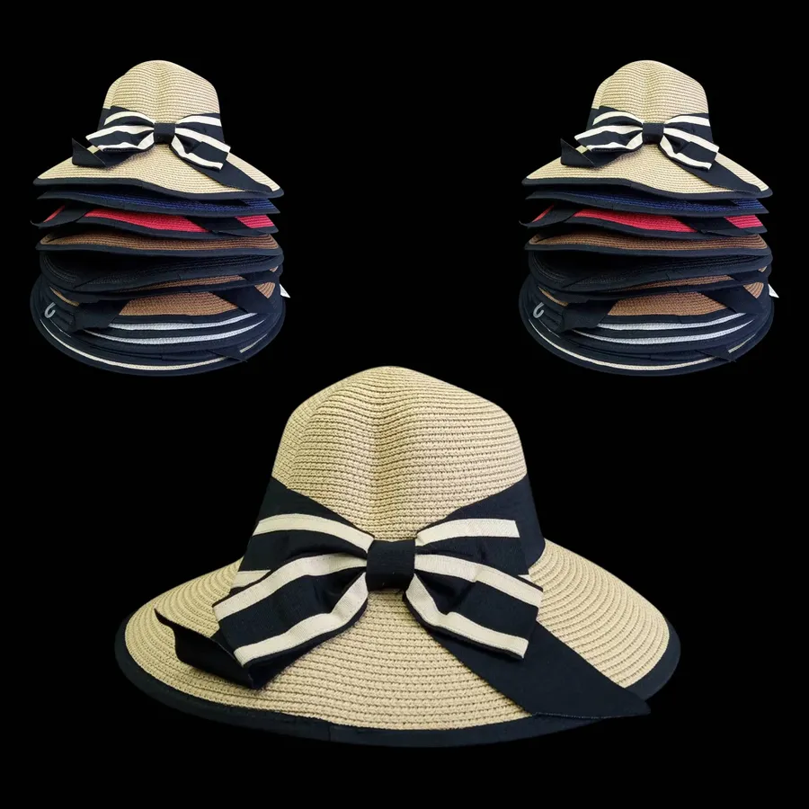 Wide Brim Straw Sun Hat with Bow Ribbon - Assorted — wholesale Apparel & Accessories by the case