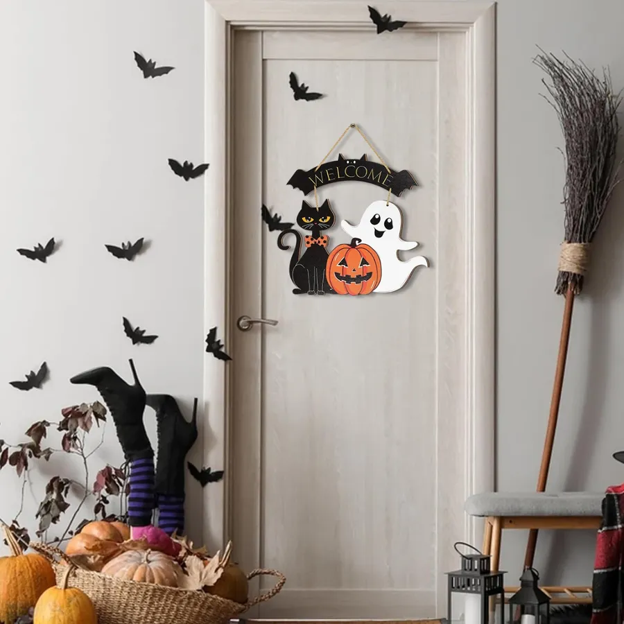 In Bulk Wooden Welcome Sign with Cat, Pumpkin, Ghost — wholesale Pet by the case
