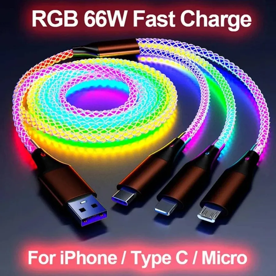 0907GG 3 In 1 RGB Light Type C Cable USB Lighting Cable Fast Charging Phone Cable For Iphone 15 Pro Xiaomi Samsung Car C — wholesale Tech & Gadgets by the case
