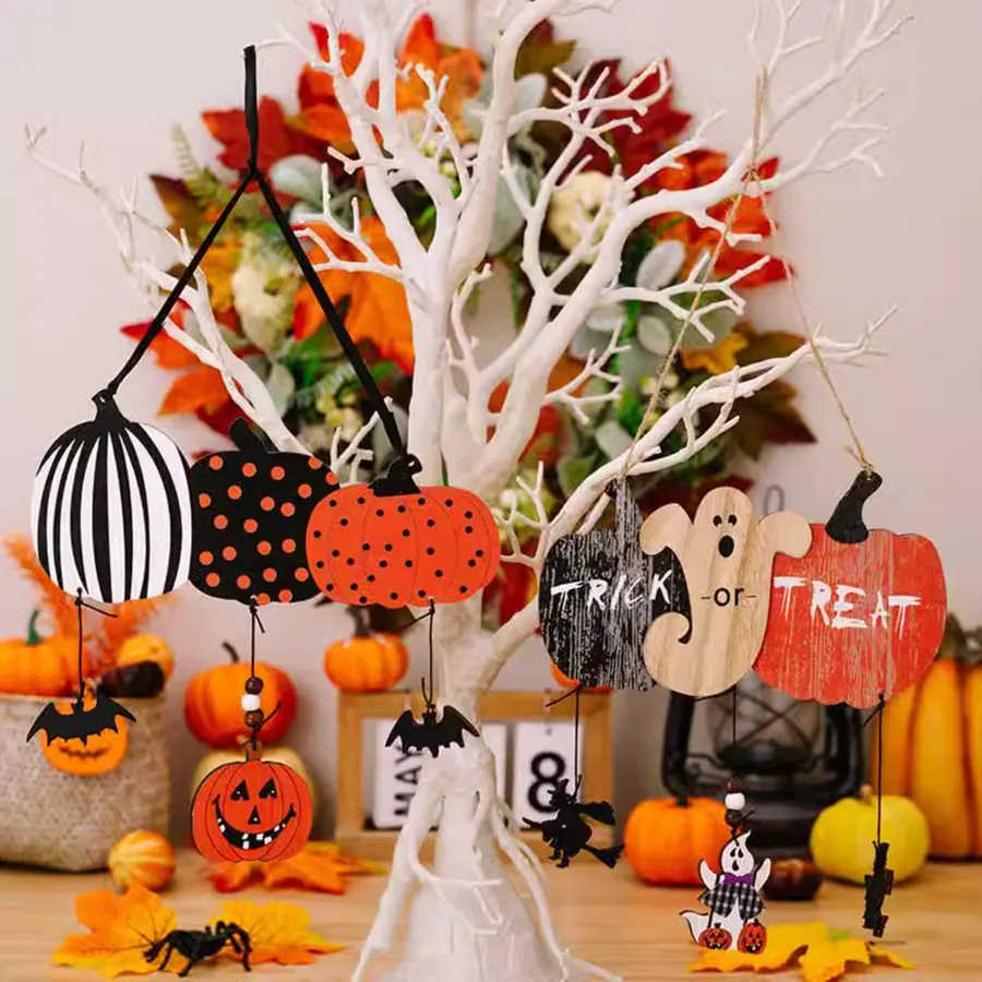 2907BA Haobei Cross-Border New Arrival Halloween Decorations Wooden Pumpkin Pendant Atmosphere Layout Ghost Bat Party Or — wholesale Seasonal & Holiday by the case