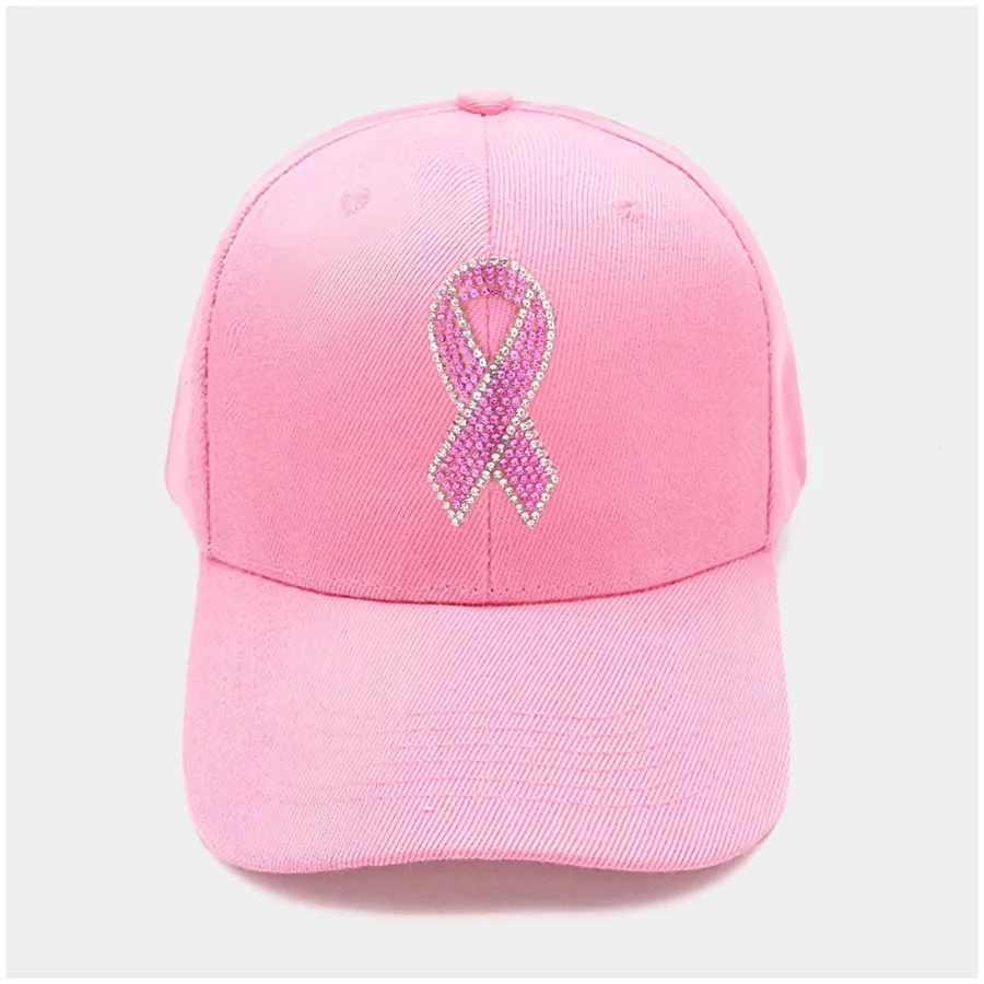 Pink Ribbon Bling Studded Pointed Baseball Cap - Assorted — wholesale Apparel & Accessories by the case