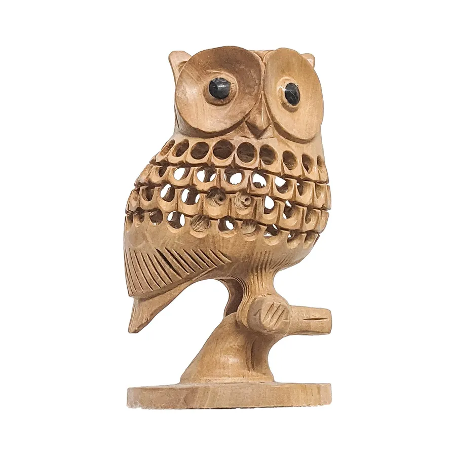 Handcarved Wooden Owl Figurine - Natural Suar Wood Statue, 4" — wholesale Home & Décor by the case