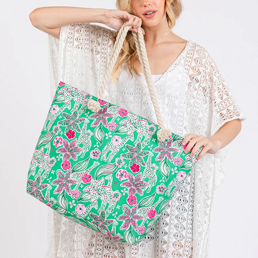 Flower Pattern Printed Beach Tote Bag For Women's - Assorted — wholesale Bags & Backpacks by the case