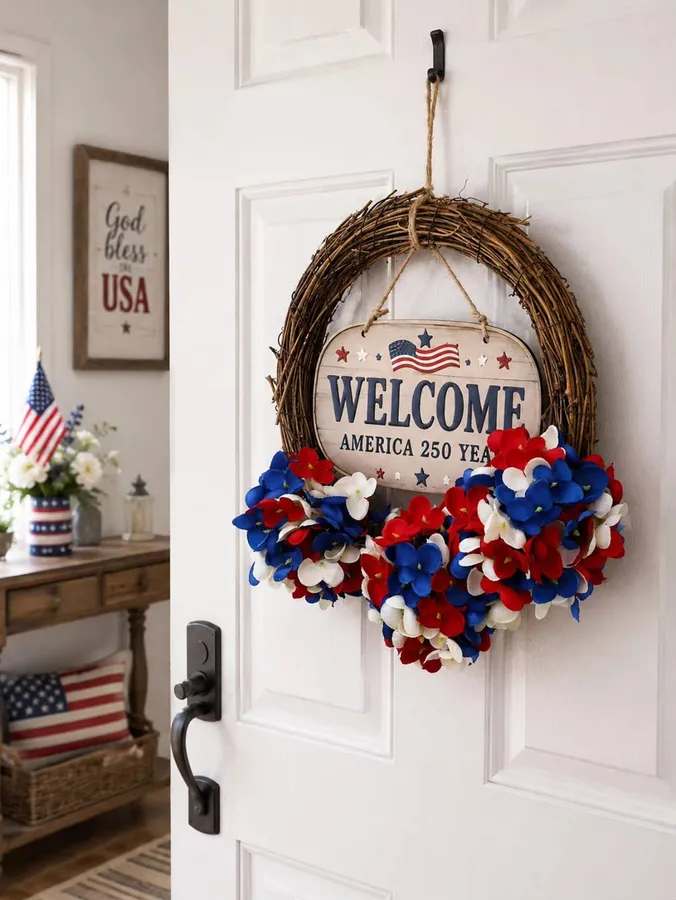 Patriotic Welcome Sign Door Wreath For Decor — wholesale Home & Décor by the case