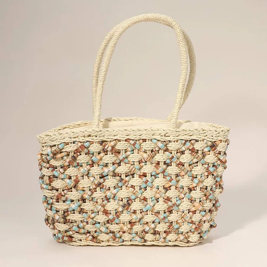 Multi Colored Thread Woven Straw Tote Bag For Women's — wholesale Bags & Backpacks by the case
