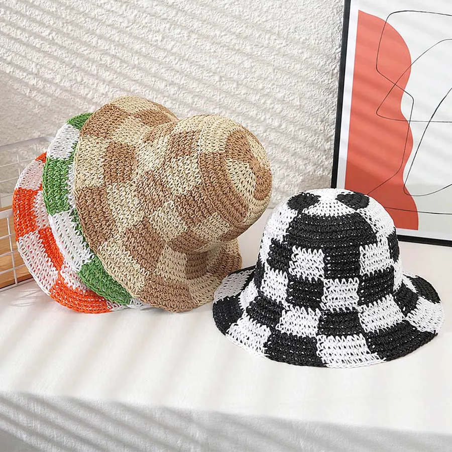 Checkerboard Patterned Straw Bucket Hat- Assorted — wholesale Apparel & Accessories by the case