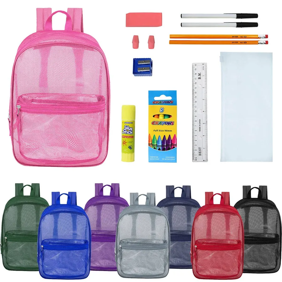 17'' Bright Color Mesh Backpacks & 12 School Kits Set — wholesale Bags & Backpacks by the case