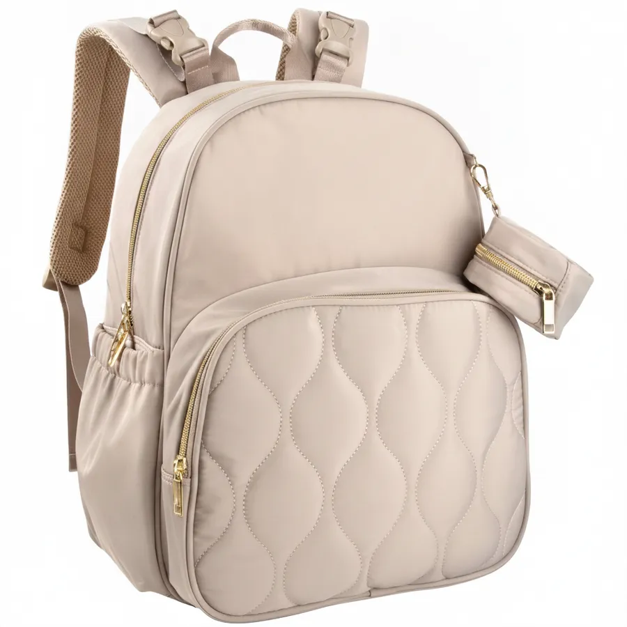 Quilted Diaper Bag Backpack with Changing Pad & Pacifier Holder - Beige Travel Everyday Backpack — wholesale Bags & Backpacks by the case