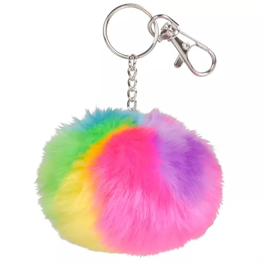 Vibrant Rainbow Furry Pom Pom Keychains- Assorted — wholesale Keychains & Charms by the case