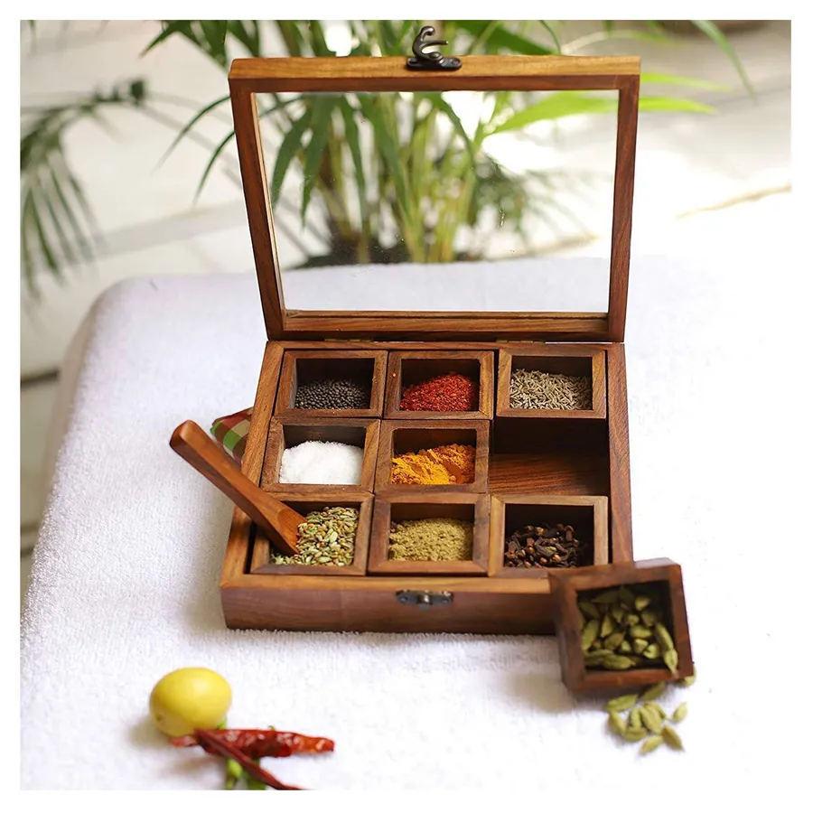 Antique Wooden Spice Box Glass Lid Home Decor — wholesale Home & Décor by the case